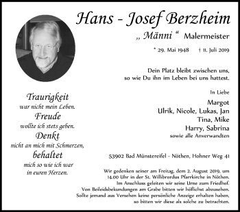 Anzeige von Hans-Josef Berzheim von Kölner Stadt-Anzeiger / Kölnische Rundschau / Express