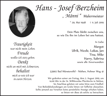 Anzeige von Hans-Josef Berzheim von  Blickpunkt Euskirchen 