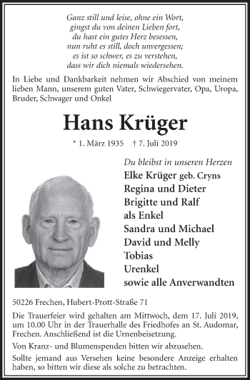 Anzeige von Hans Krüger von  Sonntags-Post 