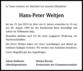 Anzeige von Hans-Peter Weltjen von Kölner Stadt-Anzeiger / Kölnische Rundschau / Express