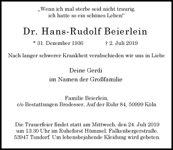 Anzeige von Hans-Rudolf Beierlein von  Werbepost 