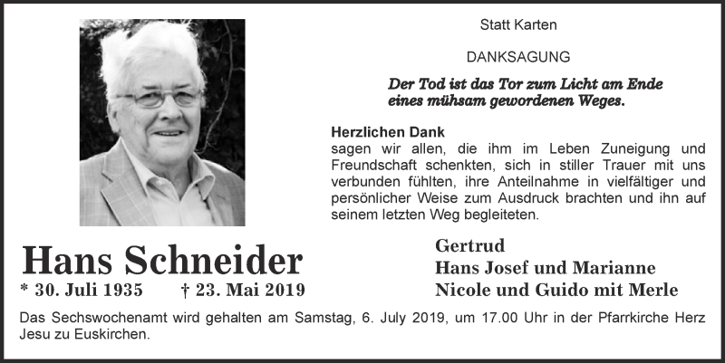  Traueranzeige für Hans Schneider vom 29.06.2019 aus  Blickpunkt Euskirchen 