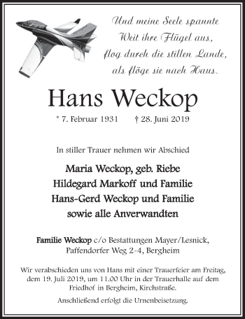 Anzeige von Hans Weckop von  Sonntags-Post 