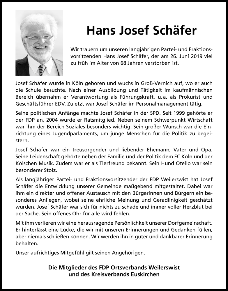  Traueranzeige für Hans Josef Schäfer vom 06.07.2019 aus Kölner Stadt-Anzeiger / Kölnische Rundschau / Express