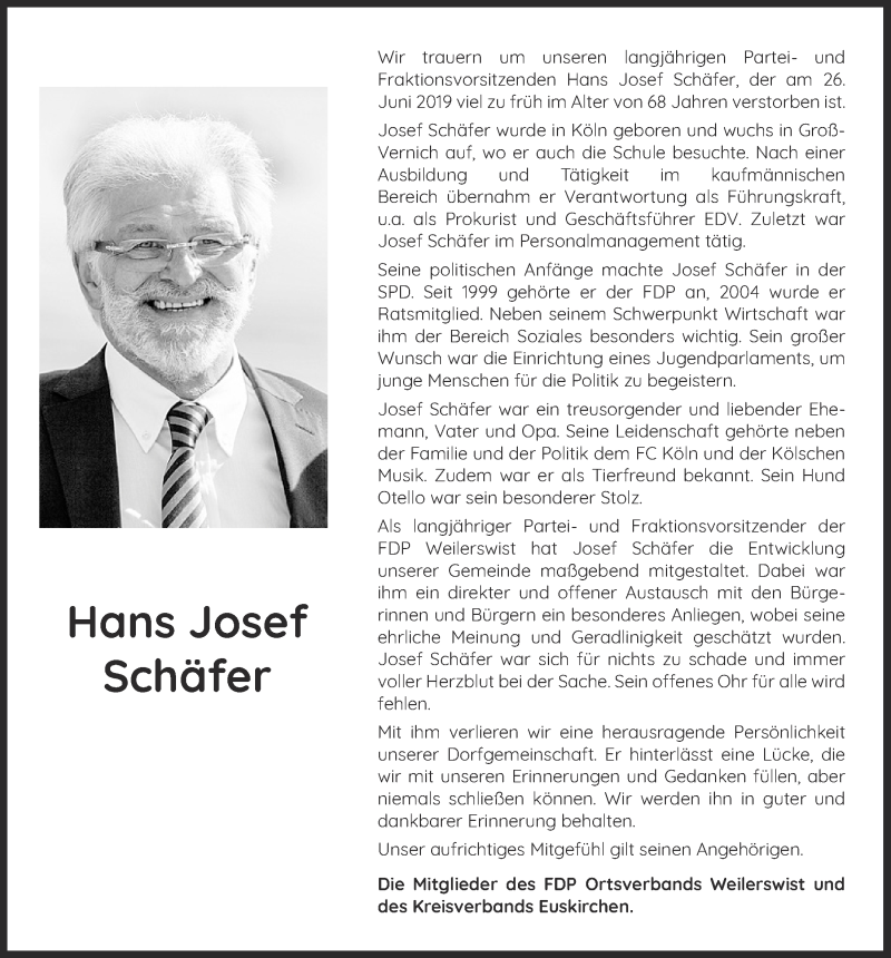  Traueranzeige für Hans Josef Schäfer vom 06.07.2019 aus  Blickpunkt Euskirchen 