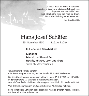 Anzeige von Hans Josef Schäfer von  Blickpunkt Euskirchen 