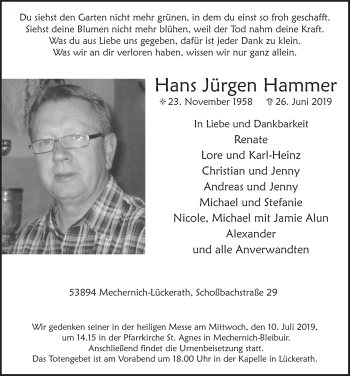 Anzeige von Hans Jürgen Hammer von  Blickpunkt Euskirchen 
