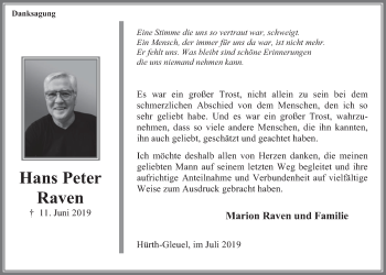 Anzeige von Hans Peter Raven von  Wochenende 