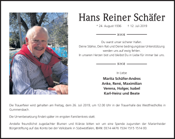 Anzeige von Hans Reiner Schäfer von Kölner Stadt-Anzeiger / Kölnische Rundschau / Express
