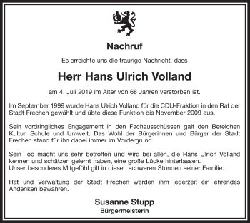 Anzeige von Hans Ulrich Volland von  Sonntags-Post 