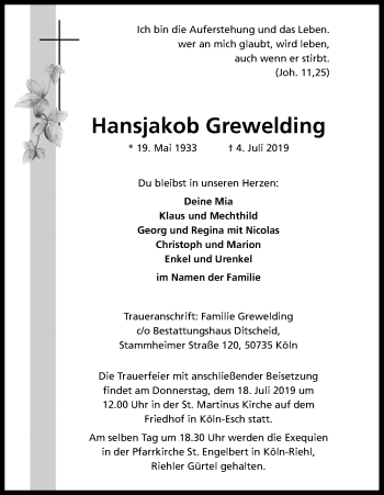Anzeige von Hansjakob Grewelding von Kölner Stadt-Anzeiger / Kölnische Rundschau / Express