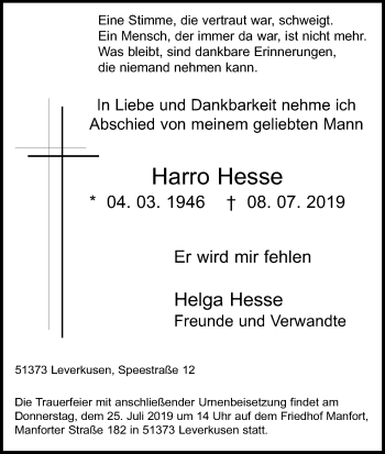Anzeige von Harro Hesse von Kölner Stadt-Anzeiger / Kölnische Rundschau / Express