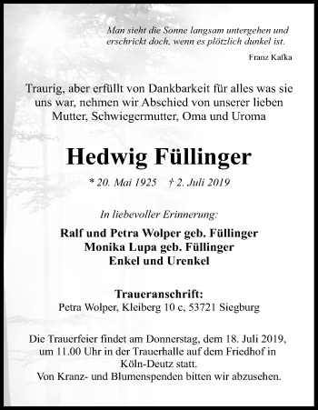 Anzeige von Hedwig Füllinger von Kölner Stadt-Anzeiger / Kölnische Rundschau / Express