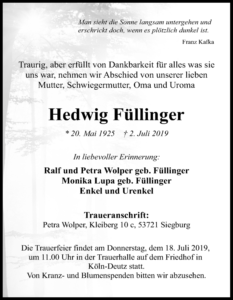  Traueranzeige für Hedwig Füllinger vom 16.07.2019 aus Kölner Stadt-Anzeiger / Kölnische Rundschau / Express