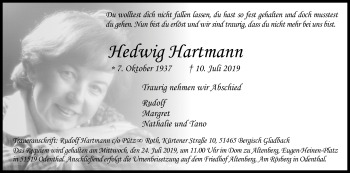 Anzeige von Hedwig Hartmann von Kölner Stadt-Anzeiger / Kölnische Rundschau / Express