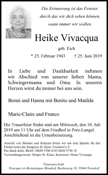 Anzeige von Heike Vivacqua von Kölner Stadt-Anzeiger / Kölnische Rundschau / Express
