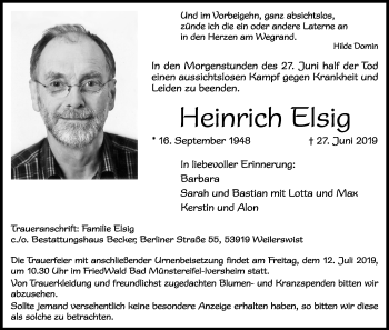 Anzeige von Heinrich Elsig von Kölner Stadt-Anzeiger / Kölnische Rundschau / Express