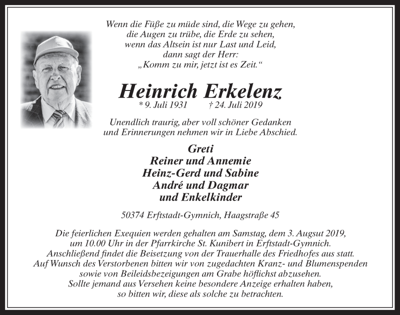  Traueranzeige für Heinrich Erkelenz vom 31.07.2019 aus  Werbepost 