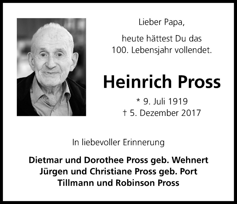 Traueranzeige für Heinrich Pross vom 09.07.2019 aus Kölner Stadt-Anzeiger / Kölnische Rundschau / Express