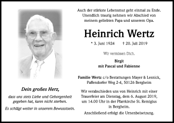 Anzeige von Heinrich Wertz von Kölner Stadt-Anzeiger / Kölnische Rundschau / Express