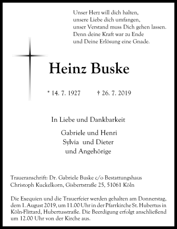 Anzeige von Heinz Buske von Kölner Stadt-Anzeiger / Kölnische Rundschau / Express