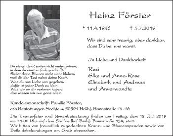 Anzeige von Heinz Förster von  Schlossbote/Werbekurier 