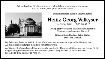 Anzeige von Heinz-Georg Valkyser von Kölner Stadt-Anzeiger / Kölnische Rundschau / Express