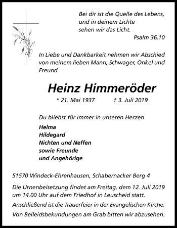 Anzeige von Heinz Himmeröder von Kölner Stadt-Anzeiger / Kölnische Rundschau / Express