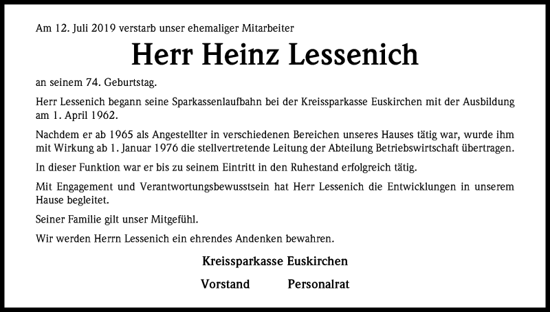  Traueranzeige für Heinz Lessenich vom 24.07.2019 aus Kölner Stadt-Anzeiger / Kölnische Rundschau / Express