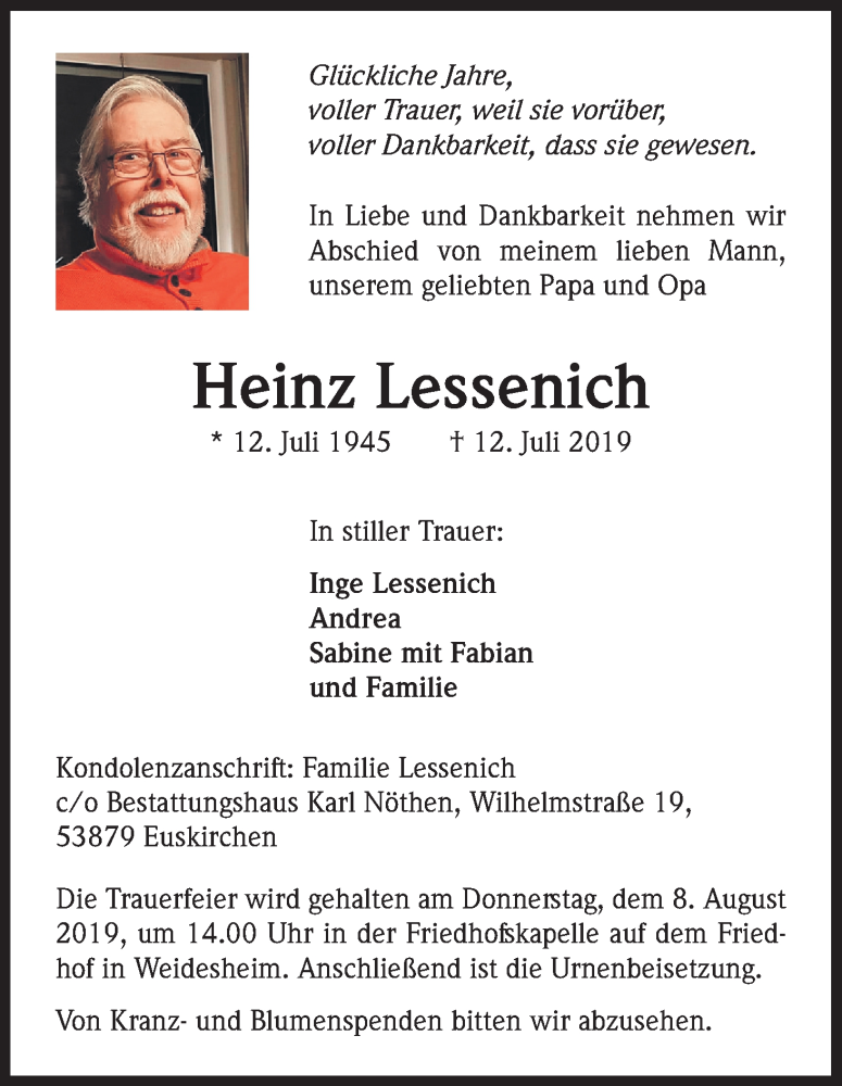  Traueranzeige für Heinz Lessenich vom 20.07.2019 aus Kölner Stadt-Anzeiger / Kölnische Rundschau / Express