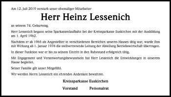 Anzeige von Heinz Lessenich von Kölner Stadt-Anzeiger / Kölnische Rundschau / Express