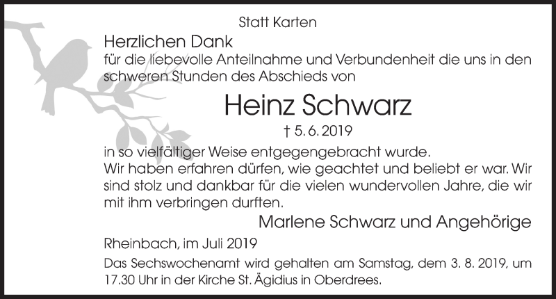  Traueranzeige für Heinz Schwarz vom 24.07.2019 aus  Schaufenster/Blickpunkt 
