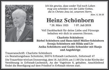 Anzeige von Heinz Schönborn von  Sonntags-Post 