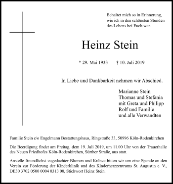 Anzeige von Heinz Stein von Kölner Stadt-Anzeiger / Kölnische Rundschau / Express