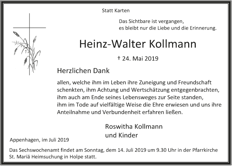  Traueranzeige für Heinz-Walter Kollmann vom 10.07.2019 aus  Lokalanzeiger 