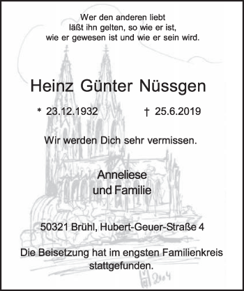 Anzeige von Heinz Günter Nüssgen von  Schlossbote/Werbekurier 