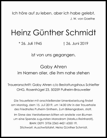 Anzeige von Heinz Günther Schmidt von Kölner Stadt-Anzeiger / Kölnische Rundschau / Express