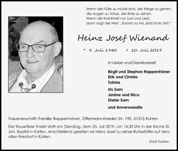 Anzeige von Heinz Josef Wienand von Kölner Stadt-Anzeiger / Kölnische Rundschau / Express