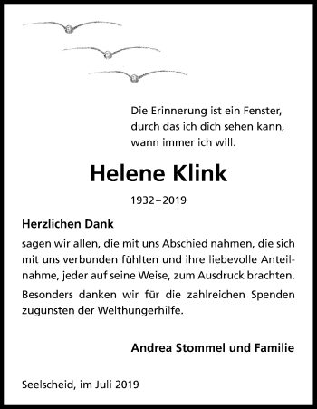 Anzeige von Helene Klink von Kölner Stadt-Anzeiger / Kölnische Rundschau / Express