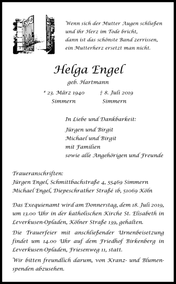 Anzeige von Helga Engel von Kölner Stadt-Anzeiger / Kölnische Rundschau / Express
