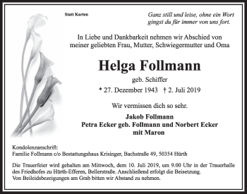 Anzeige von Helga Follmann von  Sonntags-Post 