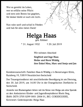 Anzeige von Helga Haas von Kölner Stadt-Anzeiger / Kölnische Rundschau / Express