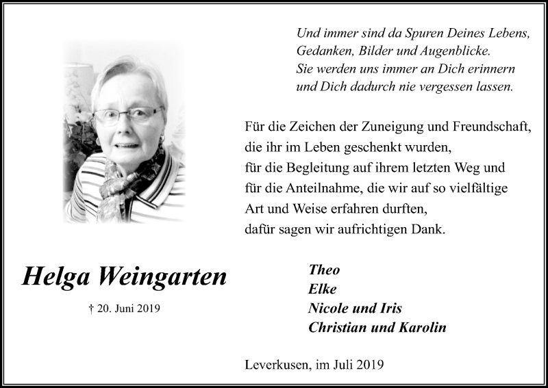  Traueranzeige für Helga Weingarten vom 27.07.2019 aus Kölner Stadt-Anzeiger / Kölnische Rundschau / Express
