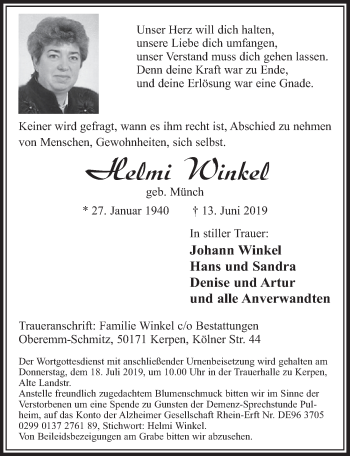 Anzeige von Helmi Winkel von  Sonntags-Post 