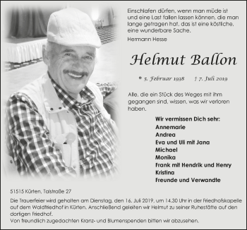 Anzeige von Helmut Ballon von  Bergisches Handelsblatt 
