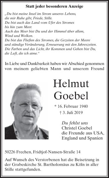 Anzeige von Helmut Goebel von  Sonntags-Post 