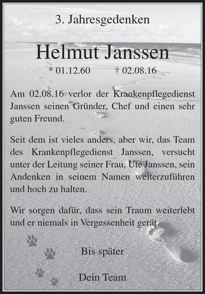  Traueranzeige für Helmut Janssen vom 31.07.2019 aus  Wochenende  Schlossbote/Werbekurier 
