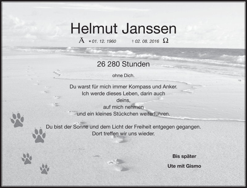 Traueranzeige für Helmut Janssen vom 31.07.2019 aus  Wochenende  Schlossbote/Werbekurier 