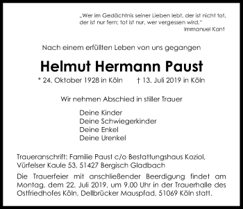 Anzeige von Helmut Hermann Paust von Kölner Stadt-Anzeiger / Kölnische Rundschau / Express