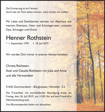 Anzeige von Henner Rothstein von Kölner Stadt-Anzeiger / Kölnische Rundschau / Express